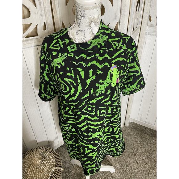 GECKO HAWAII T-Shirt Neon Green Swirl Paint Splash Retro Look Tee Size Large - Picture 1 of 8